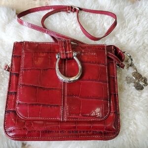 Brighton Vintage Red Croc-Embossed Crossbody  Bag 8 X 8 With Charm